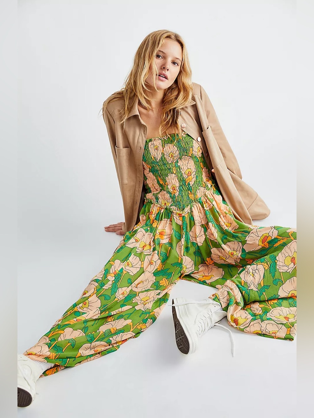 Free People Sophia Wide Leg Palazzo Jumpsuit Avocado Green Floral Smocked Boho